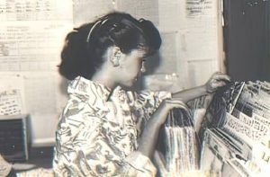 Laura Maria selects music for her radio show (circa 1987)